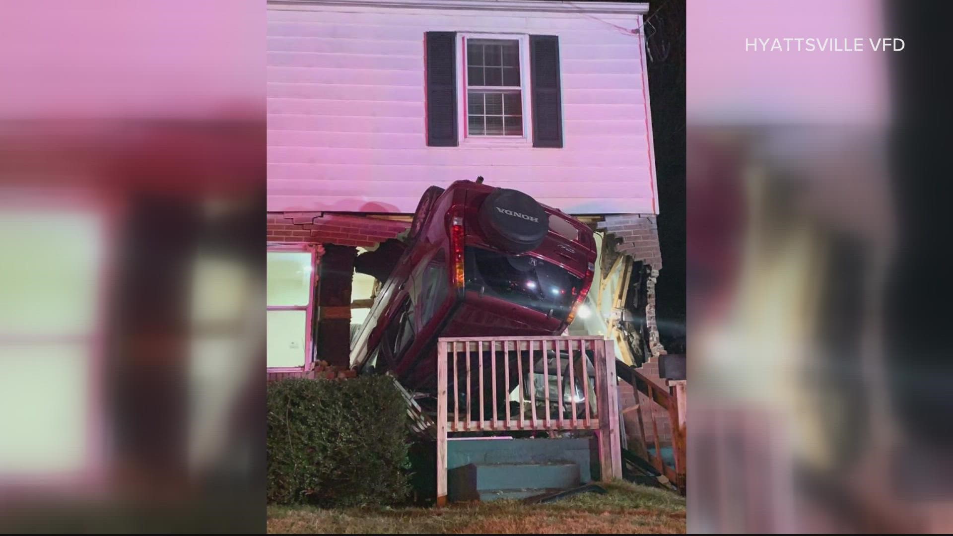 Fire crew was dispatched for the collapse investigation of this vehicle into a home in the 6900 block of Riggs Rd in Chillum, Maryland.