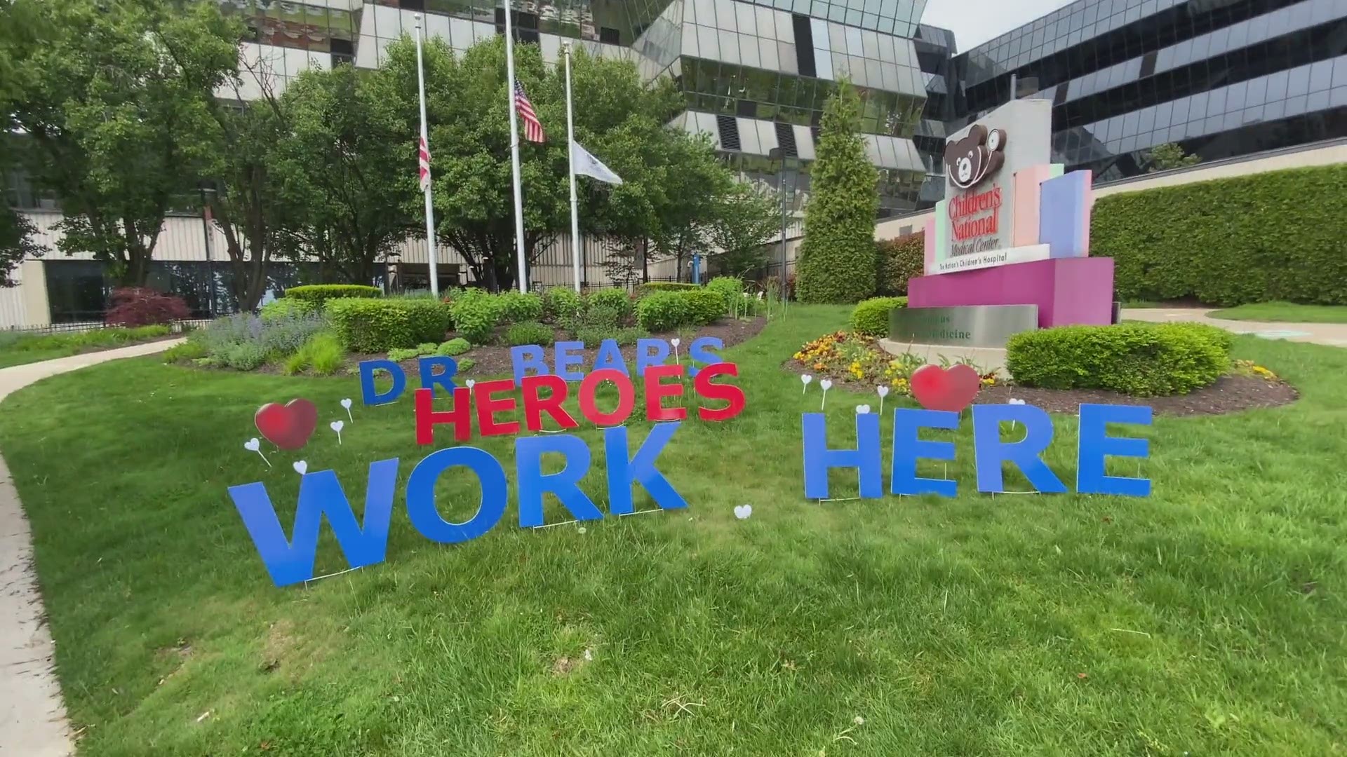 A colorful tribute in front of Children's National Hospital honoring those who work for them that are helping many.