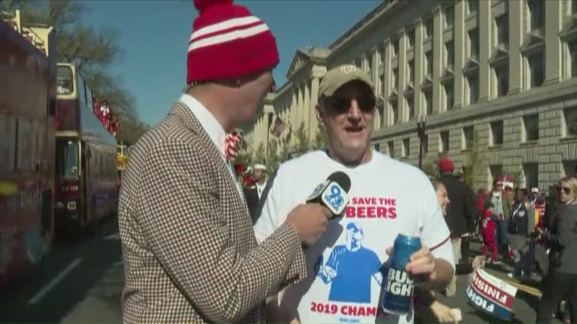 Nationals fan, and defender of beers, Jeff Adams will ride on a float in the Nationals victory parade.