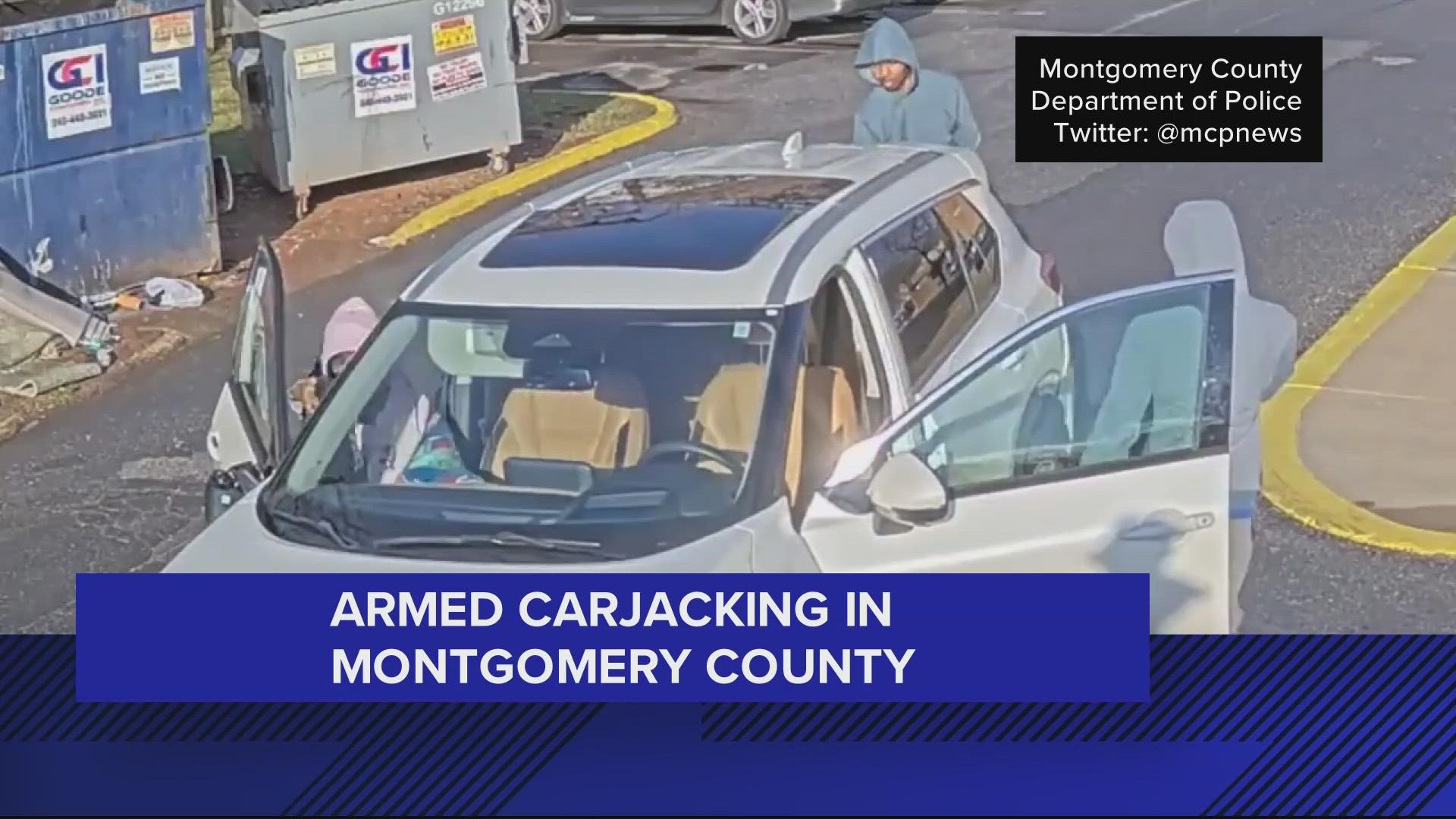 Detectives are searching for three suspects who were allegedly involved with an armed carjacking. The three were seen on surveillance camera.