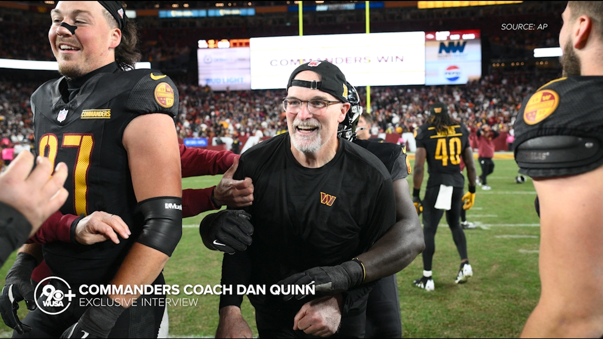 The Commanders head coach shares what his first thought was on seeing Noah Brown catch a 52-yard pass from Jayden Daniels to win the game against the Chicago Bears.