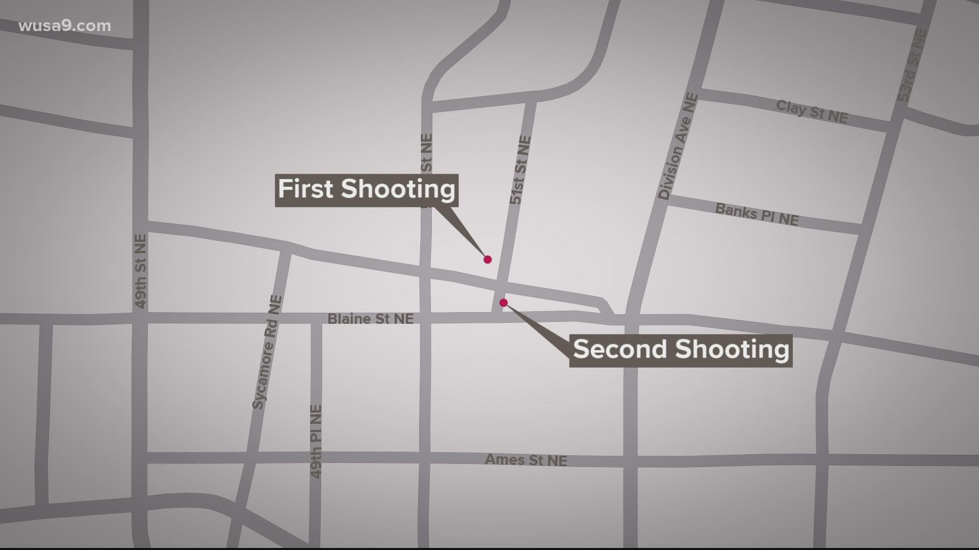 Metropolitan Police Department officers responded to two separate shootings less than 1/4 of a mile, and just over 30 minutes apart in Northeast D.C.