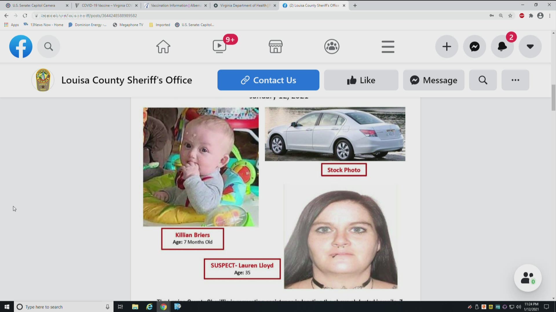 The Louisa County Sheriff's Office said it was notified Tuesday that Killian Briers' mother, Lauren Lloyd, had abducted 7-month-old.