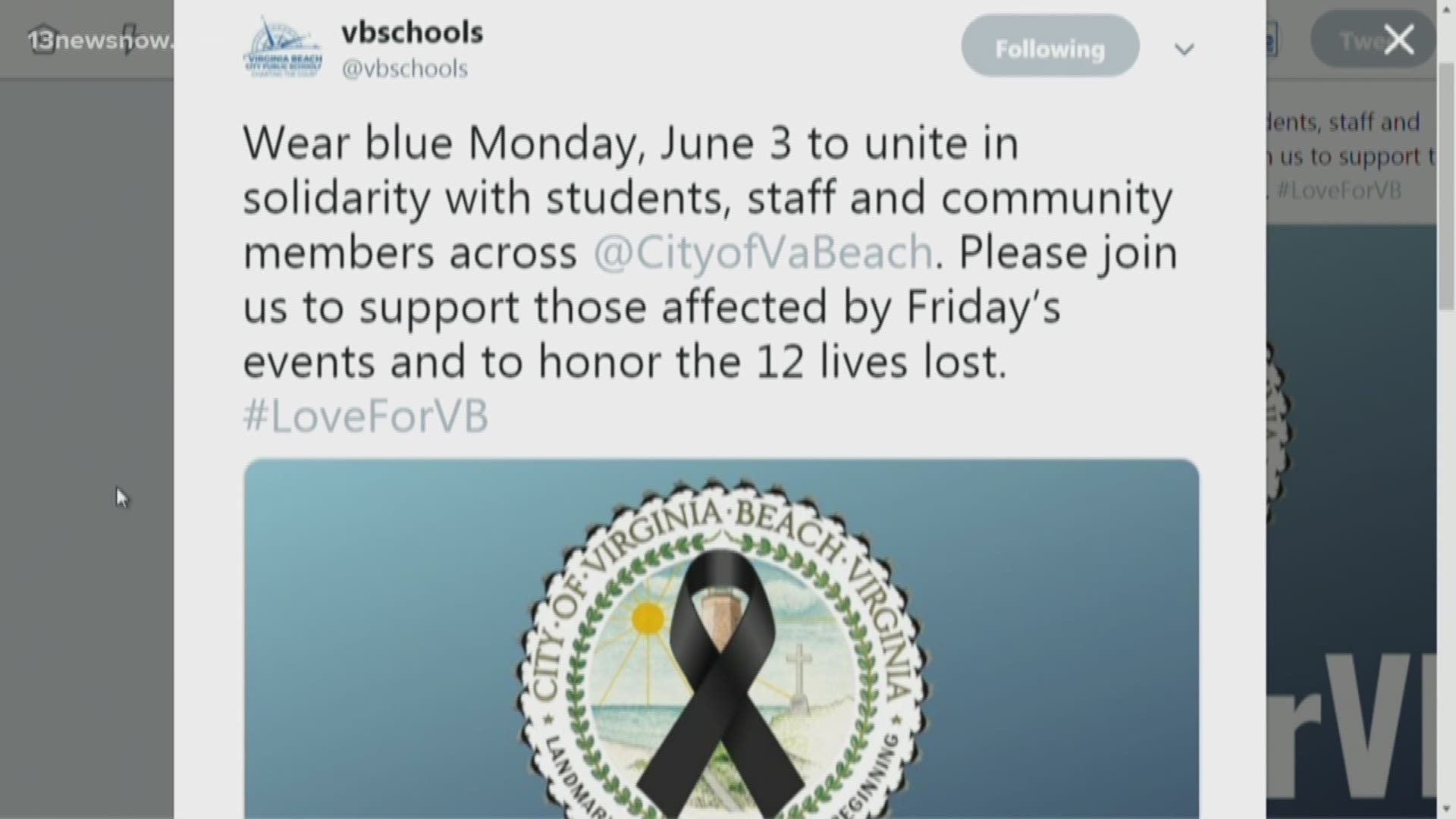 To unite the community, leaders from the Virginia Beach City Schools are asking students, staff and community members to wear blue on Monday.