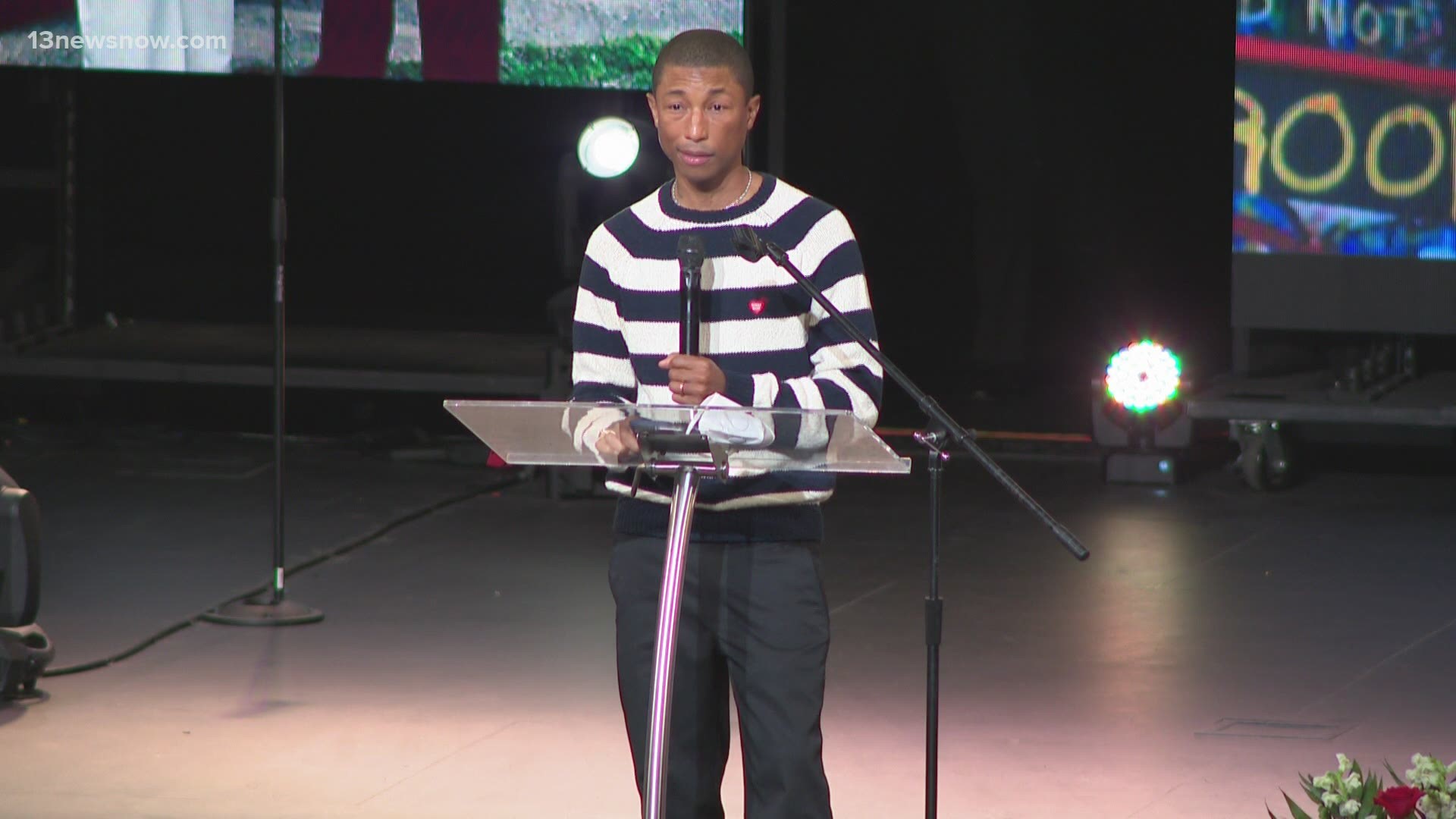 "Virginia Beach, you need to talk. Talk about your issues, talk about your struggles so we can get past them," Pharrell said at his cousin's funeral.