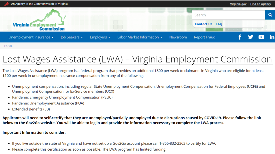 Unemployed workers will see a delay in $300-a-week unemployment benefits in Virginia | wusa9.com