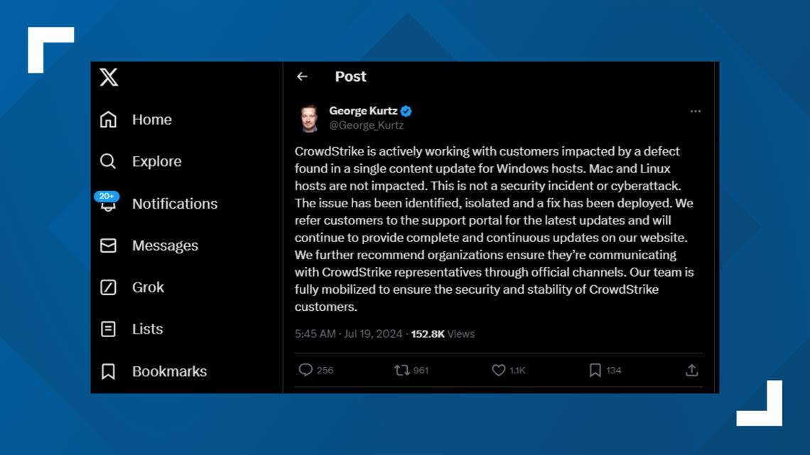 Crowdstrike Ceo Says Microsoft Outage Is Not A Cyberattack Wusa9